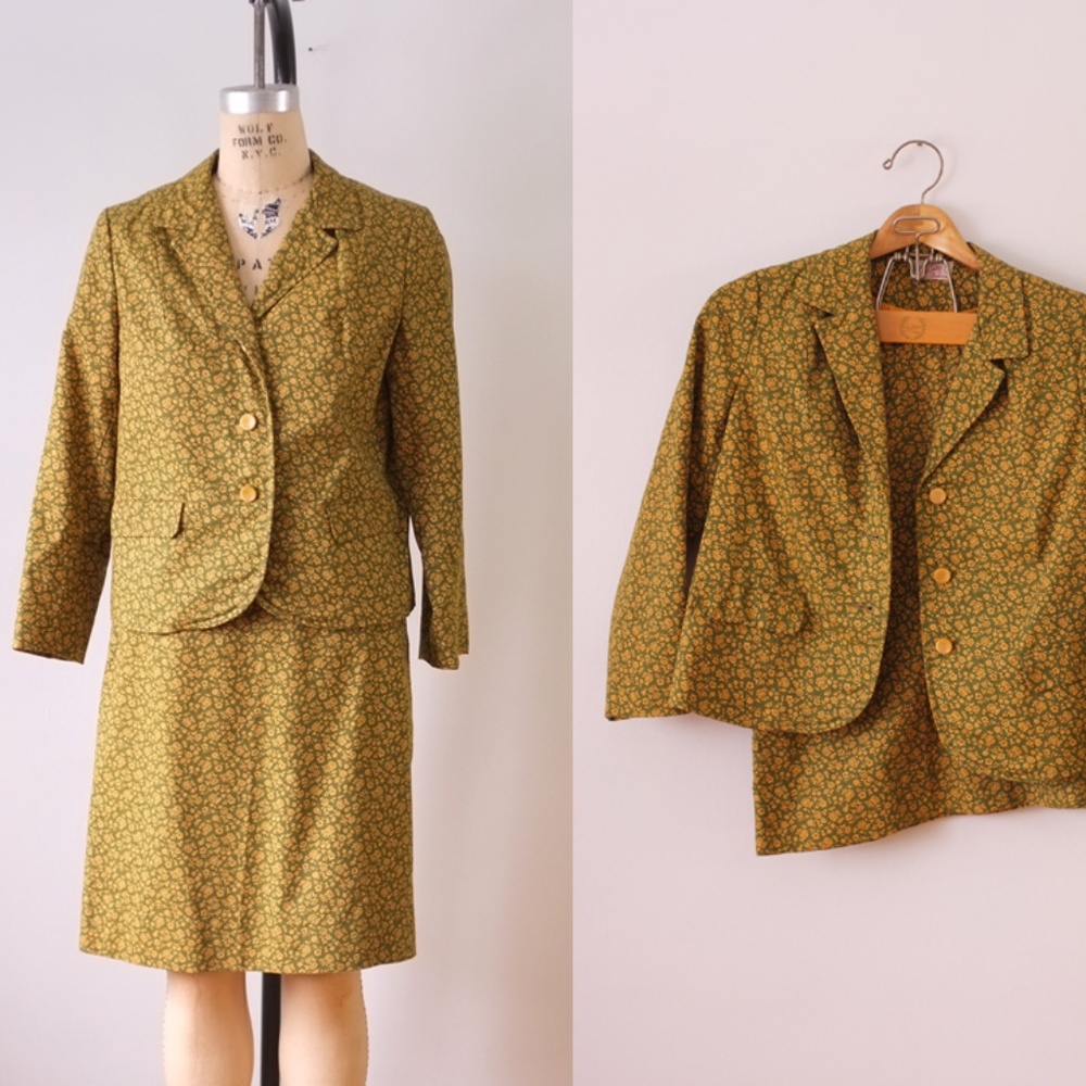 vintage floral skirt suit | vintage 60s green suit